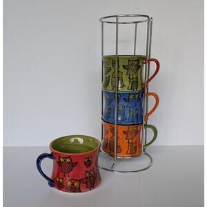 Cute Pier One Imports Stackable Owl Mug Set Colorful Green Blue Orange Red